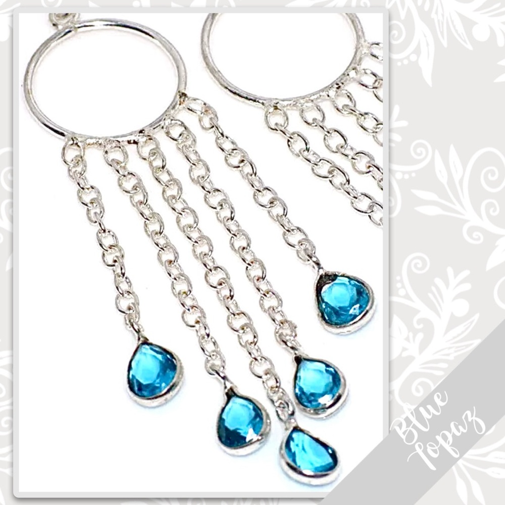Blue Topaz Silver Dangle Drop Dreamcatcher Earrings 3.4β (Turquoise / Aqua Blue) - Picture 2 of 3